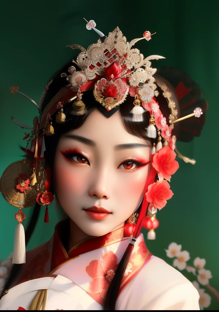 a close up of a woman wearing a chinese headdress and a red flower, peking opera, traditional chinese, china doll face, ancient chinese beauties, oriental face, chinese style, chinese costume, chinese art, ancient china art style, chinese empress, ancient chinese princess, chinese girl, chinese princess, chinese woman, traditional chinese art, wearing ancient chinese clothes