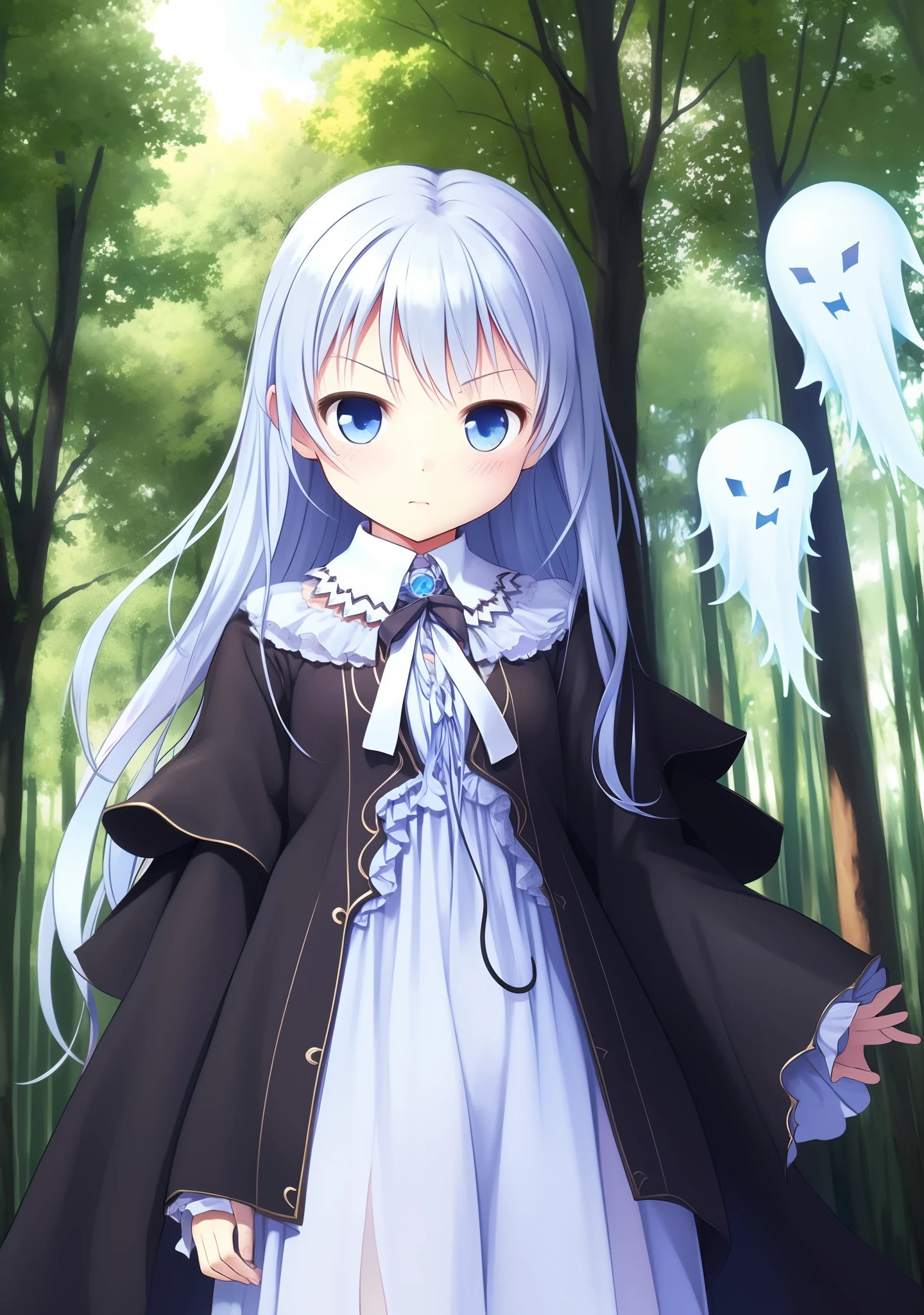 1girll,Dressed in an ancient style white dress and white shoes，Long white hair，blue color eyes，white skinned，Medium height，Holding an open white umbrella，The umbrella has a pattern on it，There are some small light blue ghosts around it，Behind you is a forest，There are no stars in the sky, but there is a blue moon and a few crows，It's night，(Little ghost:1.5)