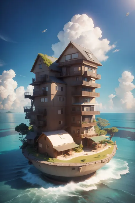 Pixar Style, Studio Ghibli, A happy community of multiracial people, living on their own atoll, Houses with white domes, surrounded by gardens, Floating farms for growing shrimp and oysters inside the atoll, Many children help adults or play by the ocean, ...