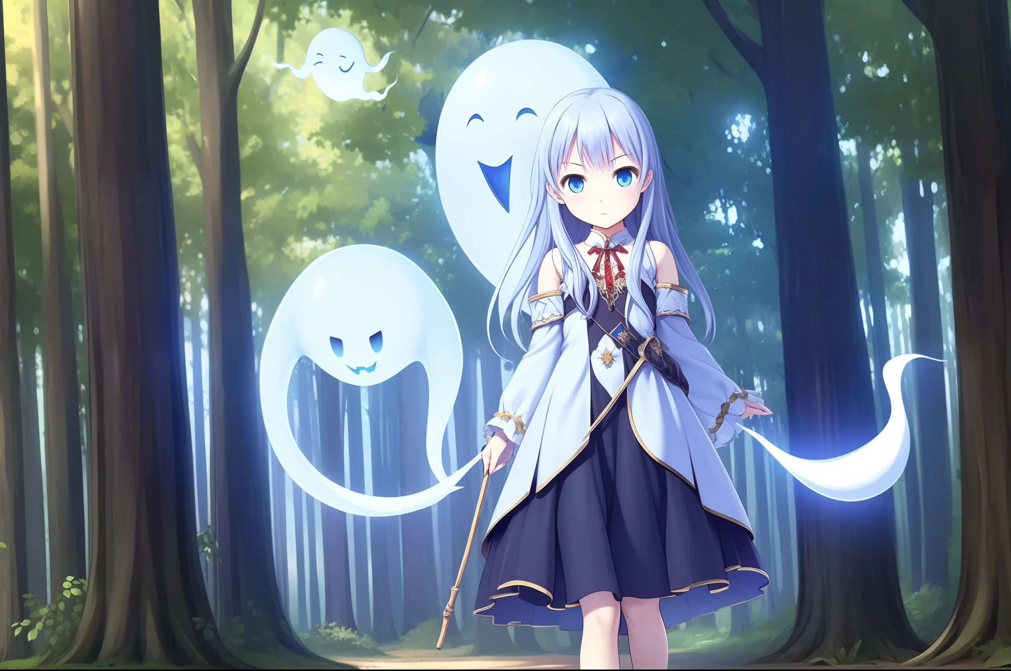 1girll,Dressed in an ancient style white dress and white shoes，Long white hair，blue color eyes，white skinned，Medium height，Holding an open white umbrella，The umbrella has a pattern on it，There are some small light blue ghosts around it，Behind you is a forest，There are no stars in the sky, but there is a blue moon and a few crows，It's night，(Little ghost:1.5)