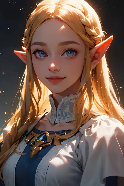 Super beautiful glowing big eyes、((​masterpiece)), ((top-quality)), (ultra-detailliert), ((ighly detailed)), 4K, (8K), princess zelda, long Blond Hair, The aesthetics of zelda, dreamcore, Aesthetics of pleasure、A slight smile