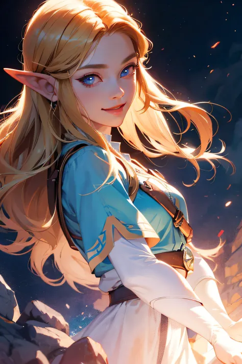 Super beautiful glowing big eyes、((​masterpiece)), ((top-quality)), (ultra-detailliert), ((ighly detailed)), 4K, (8K), princess zelda, long Blond Hair, The aesthetics of zelda, dreamcore, Aesthetics of pleasure、A slight smile
