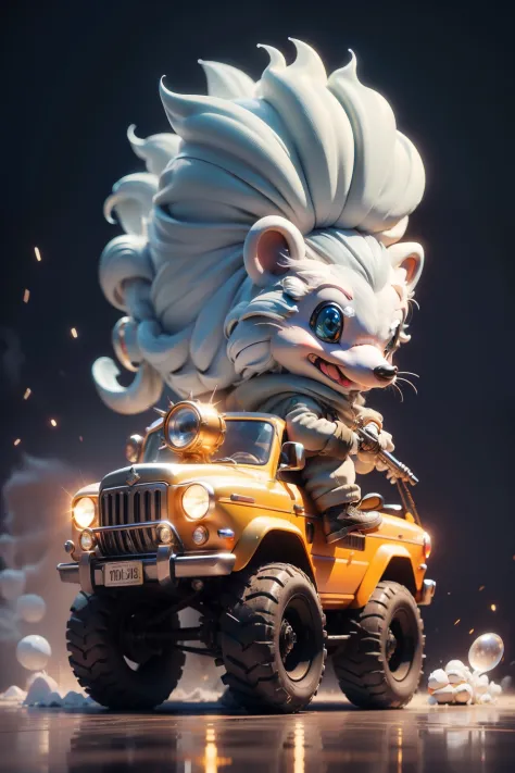 solo person,　Hedgehog with diamond needles　,Riding a car　,male people , Big hammer　,military vehicle　,side view　,wheelie