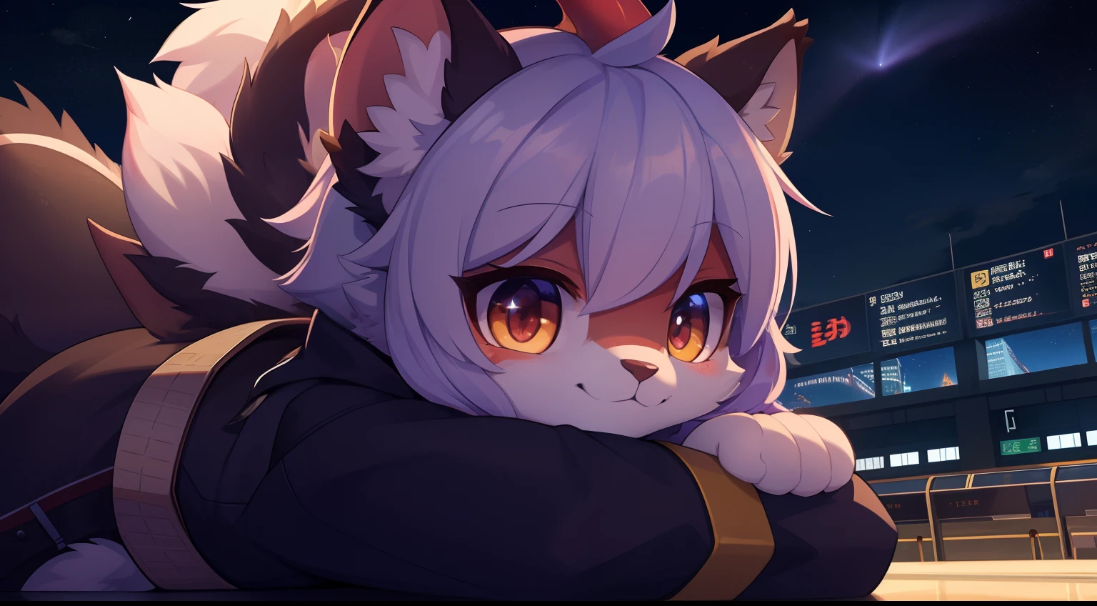 Furry Fur，Furry dragon，Lovely image，drank，Cute furry dragon，Prepare for boarding，terminal, , Fluffy tail，At the city high airport，full of lights，Cubs，is in night，nigh sky, summer，stars，Close-up of cute characters