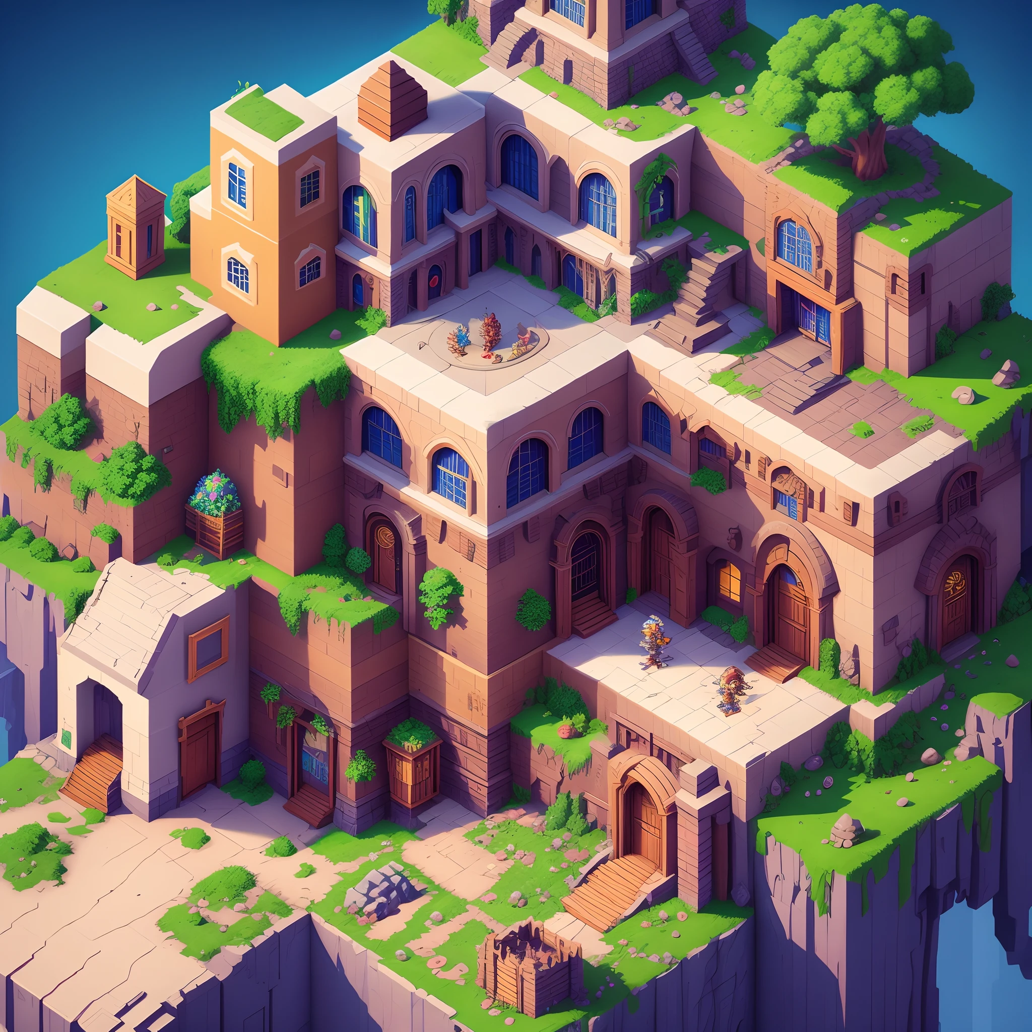 rogue guild building, isometric, vibrant colors, clean lines