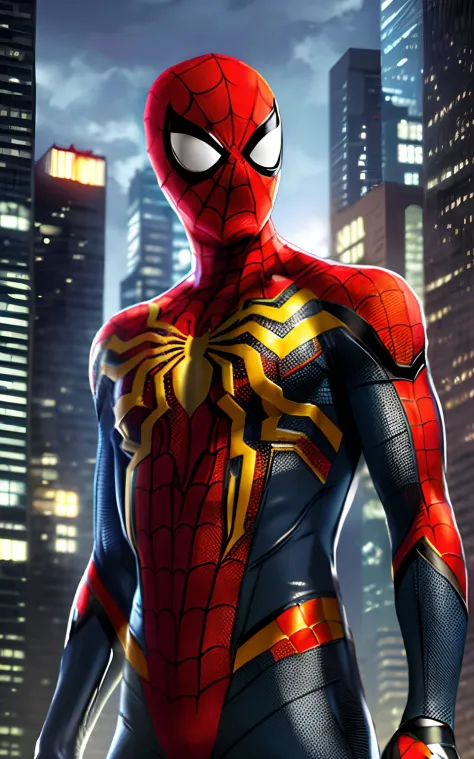 Spider - Homem de terno fica em frente a um horizonte da cidade, hero pose colorful city lighting, Retrato do Homem-Aranha, Aranha altamente detalhada - Man, papel de parede 4K, papel de parede 4k, hq 4k papel de parede, Estilo futurista Homem-Aranha, Pedr...
