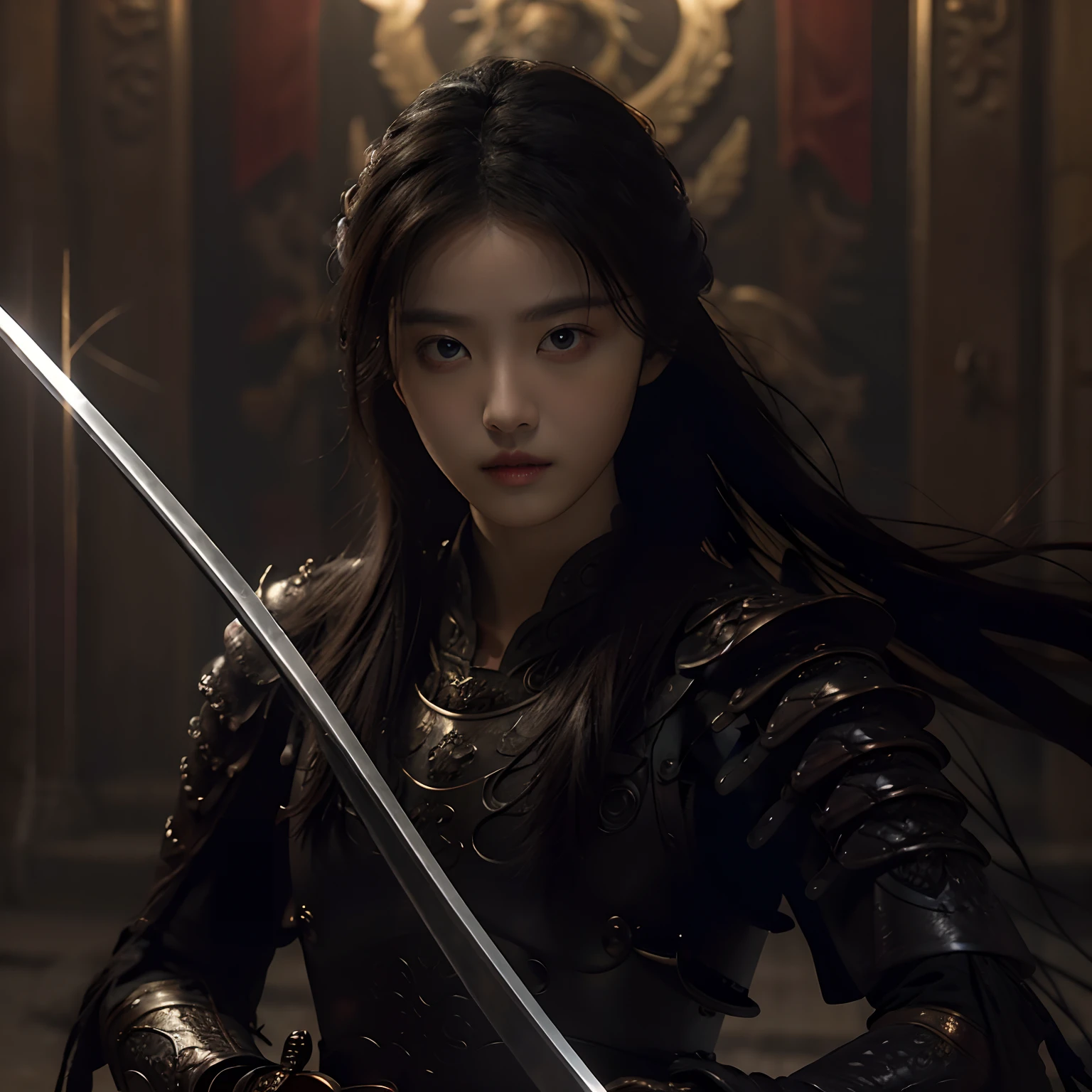 masterpiece, best quality, photorealistic ,1girl, holding sword,armor,