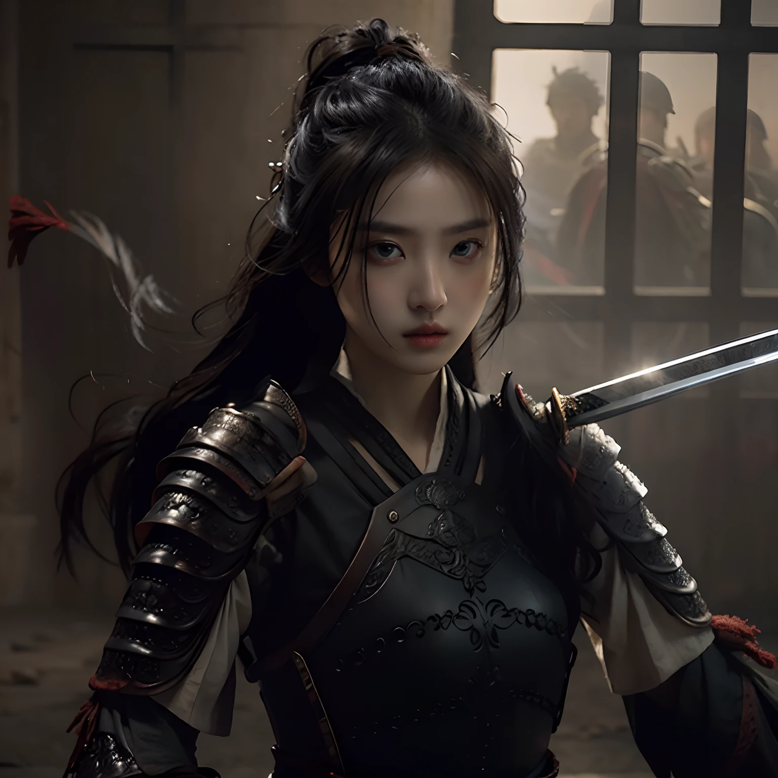 masterpiece, best quality, photorealistic ,1girl, holding sword,armor,