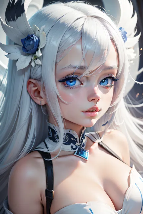 Blue inky eyes, white color hair, dreamland, UHD, ccurate, high details