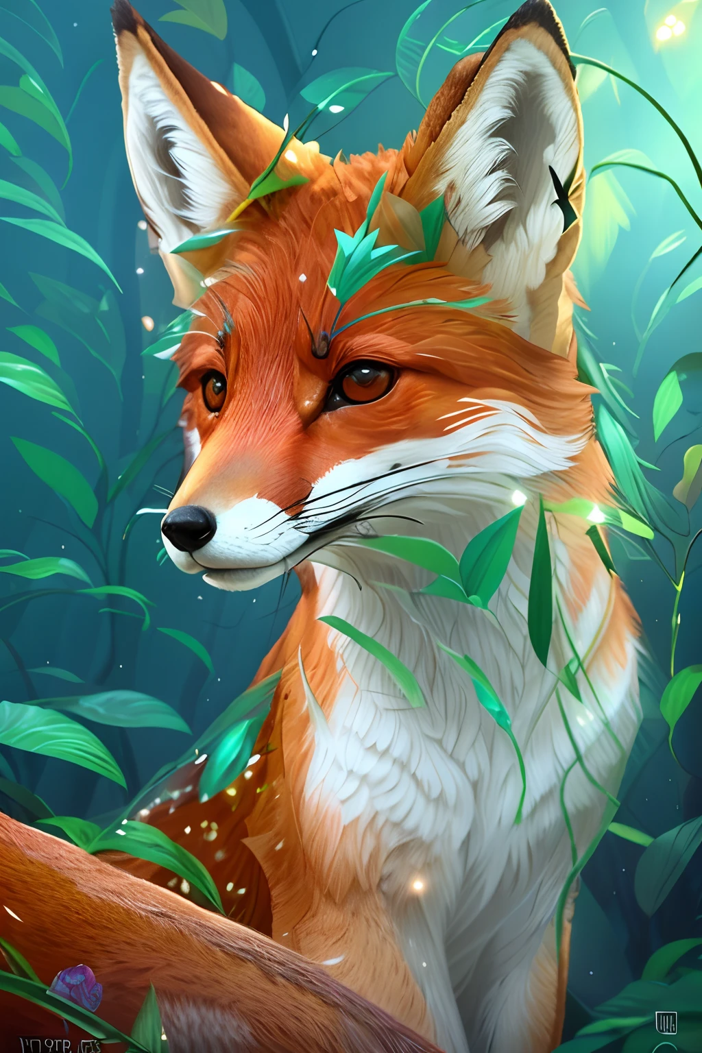 Eine Nahaufnahme eines Fuchses mit einem leuchtenden Schwanz in einem Wald, ätherischer Fuchs, digitaler Fuchs, digitales Kunsttierfoto, Porträt eines Höhlenfuchses, Fantasy-Fuchs-Liebe, digitaler grüner Fuchs, atemberaubende digitale Illustration, schöne detaillierte digitale Kunst, Behance Fantasy-Kunst, Hochwertige, detaillierte 8K-Kunstwerke, bela arte digital, Überwältigende digitale Kunst, 3D digitale Fantasy-Kunst