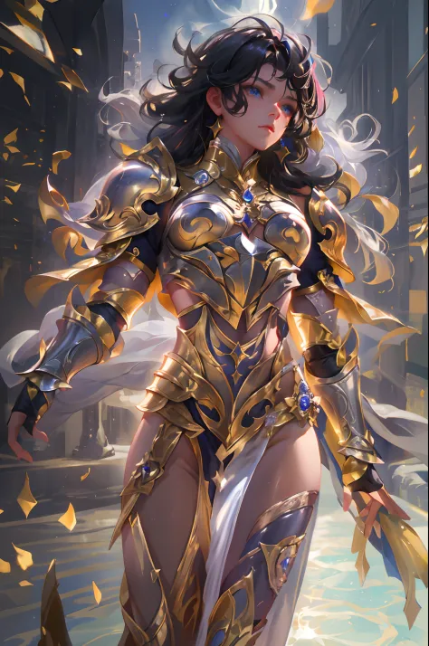 Ultra-high saturation，（tmasterpiece）， fully body photo，（best qualtiy）， （1girll）， starryskybackground，Wearing shiny gold armor， S...