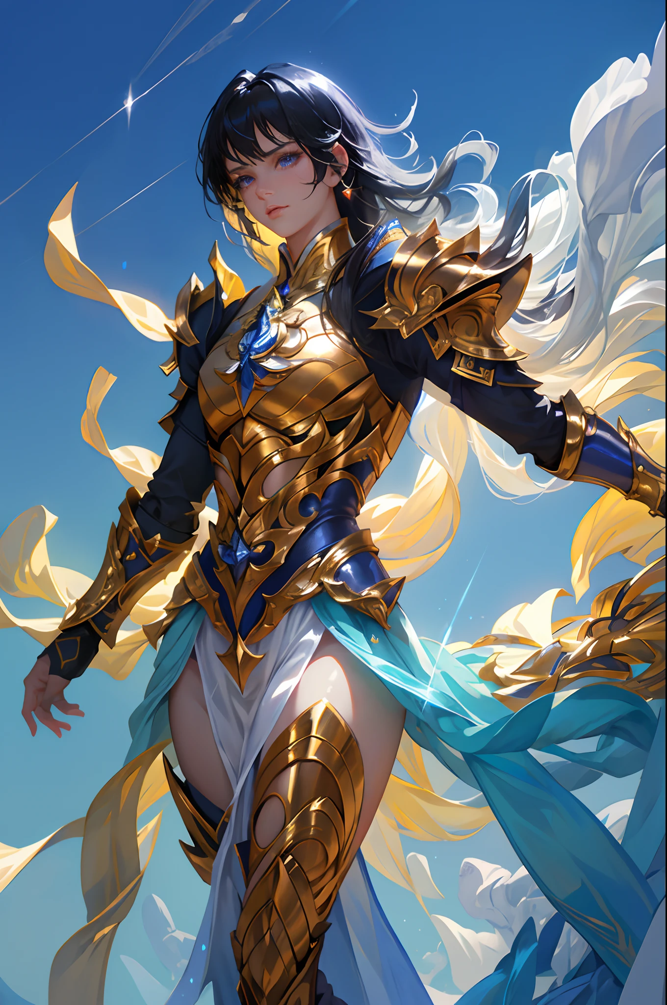 Ultra-high saturation，（tmasterpiece）， fully body photo，（best qualtiy）， （1girll）， starryskybackground，Wearing shiny gold armor， Sexy lingerie type armor，Expose your chest，Expose the waistline，Exposing thighs，cool-pose， Saint Seiya Armor， messy  hair，high detal, Anime style, Cinematic lighting, Sparkle, god light, Ray traching, filmgrain, hyper HD, textureskin, super detailing, Anatomical correct, A high resolution，Ultra-high saturation，hight contrast，High-gloss armor，Smooth skin，Serious expressions,Dark room,