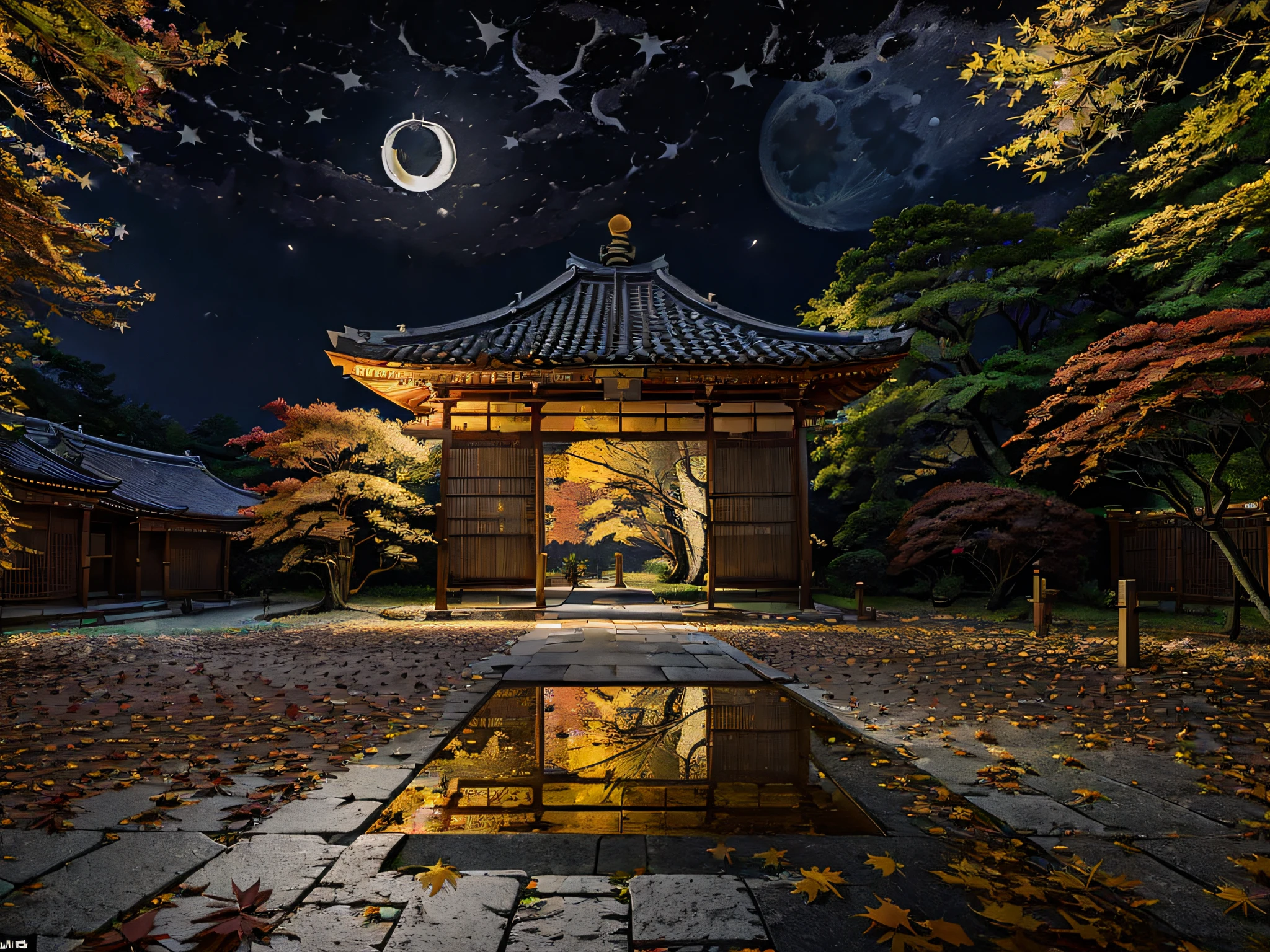 ((((night situation:1.5)))), ((Moon light:1.37))), An illustration of the scenery of the autumn leaves are depicted in a double layer due to the mirror reflection of Korin-in, Daitoku-ji Temple. at night, ultra-detailed, hyper-sharp, digital illustration, Place: Daitokuji Korin-in room Time: Autumn Subject: A specular reflection of autumn foliage The illustration depicts the specular reflection of autumn leaves on a table in the interior of Daitokuji Korin-in Temple. The table is in a room with a calm atmosphere like a tea room. The scenery of autumn leaves is clearly projected on the table. The scenery of autumn leaves is thought to have been seen from famous spots for autumn leaves such as the Sanmon Gate and Hojo in the precincts of Daitokuji Temple. The autumn leaves are dyed in various colors such as red, yellow, and orange, creating an atmosphere of autumn. (((In the illustration, the autumn leaves are depicted in a double layer due to the mirror reflection: 1.5))), which further emphasizes the beauty of the autumn leaves. In addition, the mirror reflection connects the interior and the landscape of the precincts, giving a sense of the depth of the space. Fittings such as shoji and fusuma in the room light from window Vividly expressing the colors of autumn leaves Emphasizing the beauty of autumn leaves by mirror reflection Expressing a space where the interior and the scenery of the precincts are connected