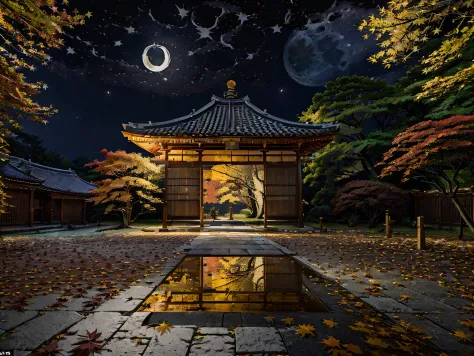 ((((night situation:1.5)))), ((moon light:1.37))), an illustration of the scenery of the autumn leaves are depicted in a double ...