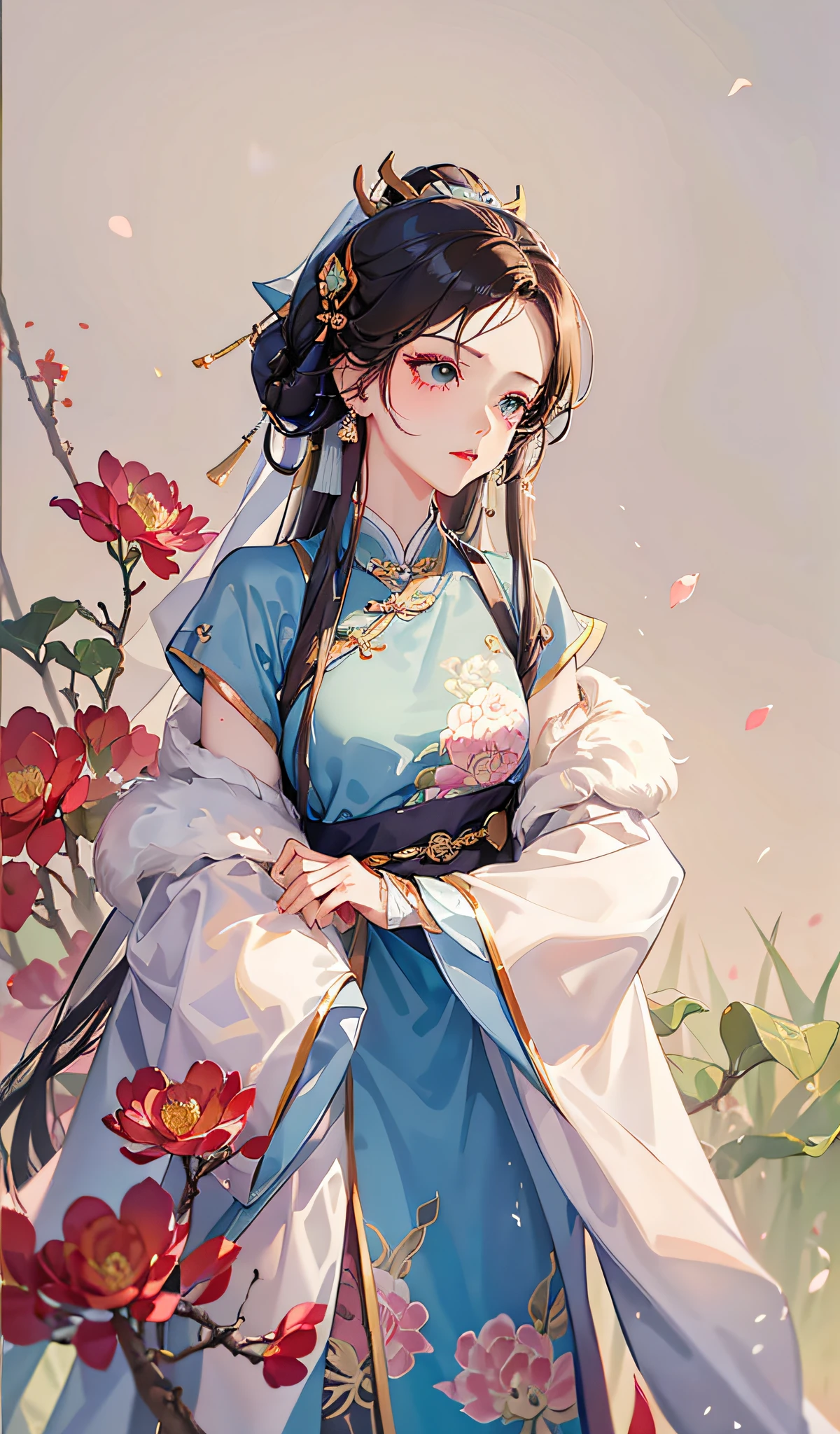 1girll， Wear Hanfu， Lotus leaf， Best quality， Master， （full bodyesbian：1）， Tall， Nice face， hair adornments， （middlebreast： 1.8） （solo：1）， looking at viewert， Lips， shift dresses， Order of healing， choker necklace， jewely， （ridiculous long hair： 1.4）， Ear ring， Hanfu， buliding， east asian architecture， Hanfu， （hentail realism：1.5）， Ultra-high resolution， best qualtiy， Shameful blush， Hairline， Arms behind， （Expressive hair：1.4） ，Perfect body proportions，Seven shows ，Sword in hand，a white long skirt，Daughter，Short sword in hand，（An extremely delicate and beautiful work），Best picture quality，A masterpiece，Cherry blossom rain，the cherry trees，with petals falling，The face is clear，（Exquisite facial features），Peerless beauty，Beautiful teenage girl，with brown eye，The highlights are obvious，High degree of completion，The details are endless，gem-like eyes，Blushlush，Fine face，Facial makeup，putting makeup on，（Very fine CG），Black coiled hair，Silver-white veil，Highest image quality，Ancient Chinese clothing，Dunhuang costumes