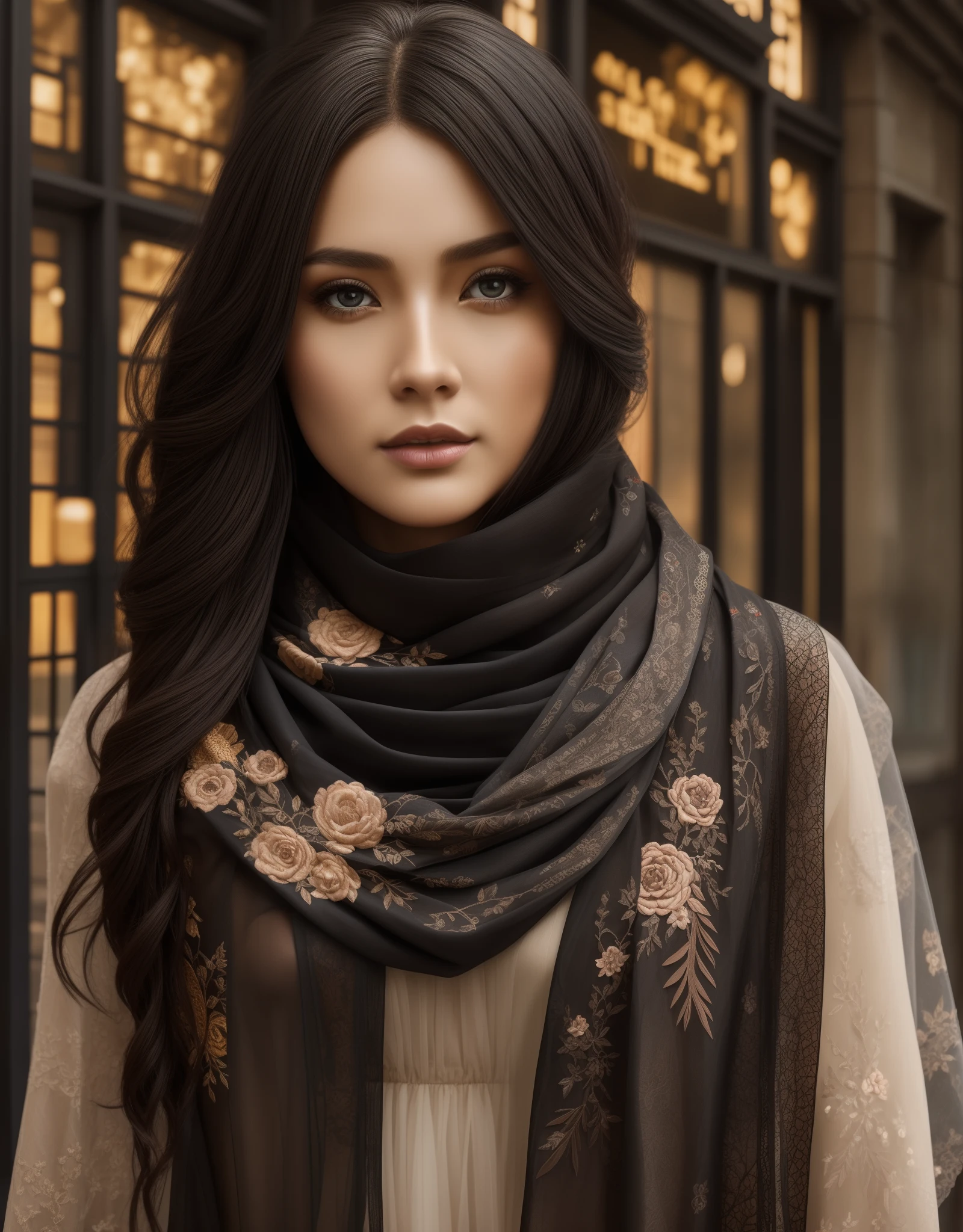 handsome girl. Autumn in the city,  Scarf with floral embroidery with ribbons, grunge,  glass, Dark Botany, digital arts, high detail, a lot of details, Gentle sensuality, made of glass and stone, intricate details, Bohemian, elegant, aesthetic, The Mystical Line, surrealism, Realistic, hiquality, work of art, hyper-detailing, professionally,filigree, Black haze, Super detailed,  hyper realisitc, Mosaic illustration, 30mm lens