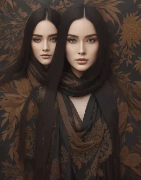 handsome girl. autumn in the city,  scarf with floral embroidery with ribbons, grunge,  glass, dark botany, digital arts, high d...