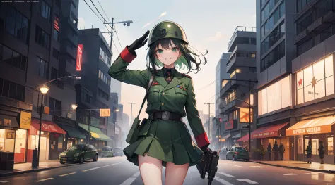 A girl in a green military uniform，Gun in hand，grinning smile，Shy，Warm street lights，down town，Superskirt，Saluting，Wear a steel helmet，The steel helmet has a solid red five-pointed star，Long legs are exposed，Shooting stars dart across the sky，Busy business...