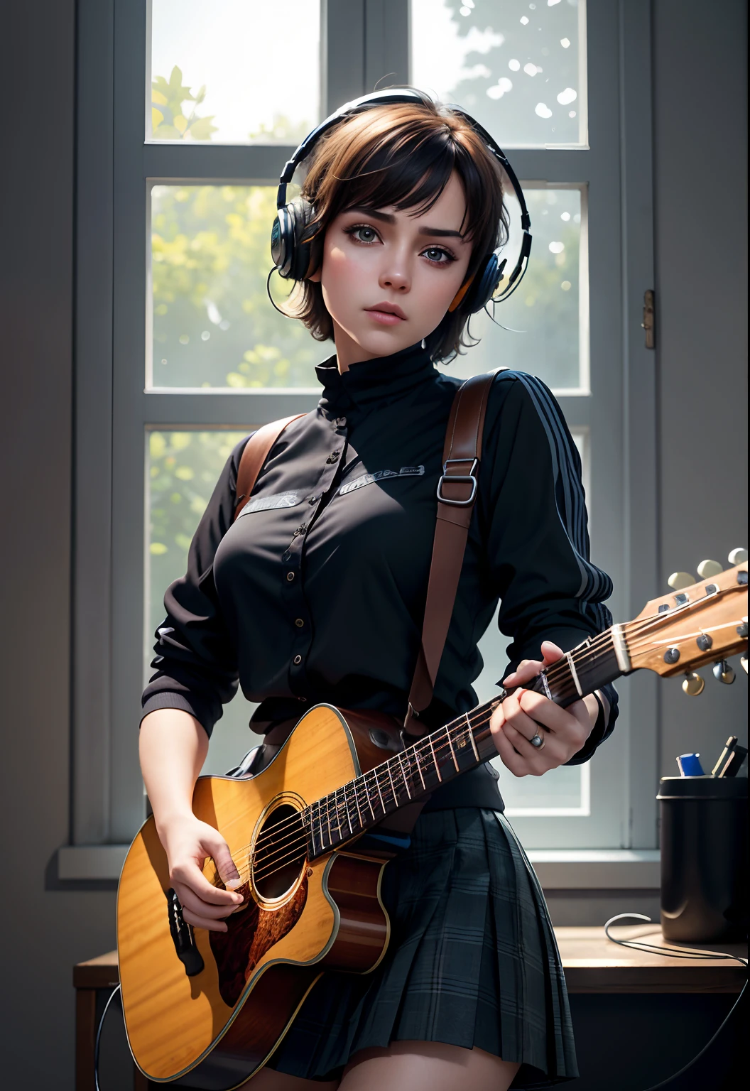 highres, shadows, absurdres, best_quality, ultra_detailed, 8k, extremely_clear, photograph, beautiful, sharp focus, hdr,
A cute pop singer with short hair and symmetrical teary eyes holds a guitar and sings into headphones, wearing a pleated skirt, with a dynamic angle, captured in a high-detailed cowboy shot, exuding a melancholy emotion, featuring soothing tones and a contrasting mix of light and shadow, all while emphasizing the subject's hair, eyes, mouth, and action in a composition that is both pleasing to the eye and thought-provoking.