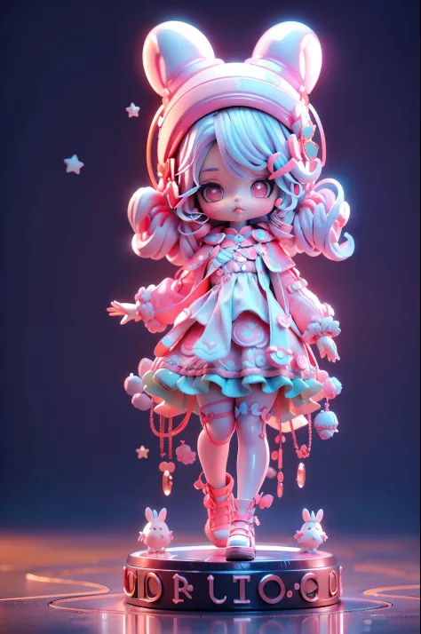 Pink wavy curly rabbit，Wearing a Lolita dress，Star Jewelry，Lolita style，（​masterpiece，Best Quality），3D Blind Box Doll，Pastel tones，light，high detailed official artwork，beautiful anime art, anime fantasy illustration、White background、