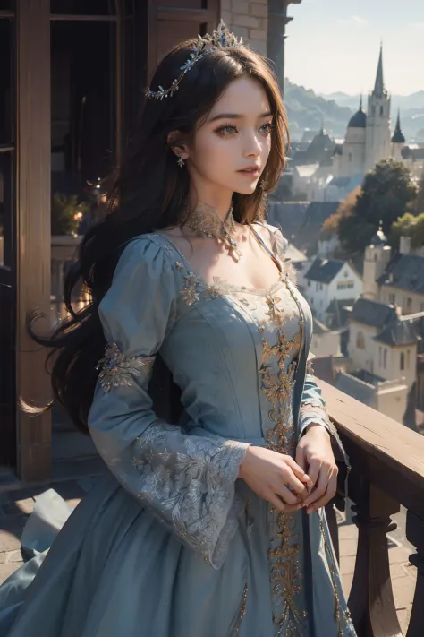 ((top-quality、​masterpiece、photographrealistic:1.4、8K))、1 beautiful detailed girl、extremely detailed eye and face、beatiful detailed eyes、（Red luxury dress in medieval European style、Princess）、Luxury accessories、Elegant smile、（Depict a scene of a princess s...