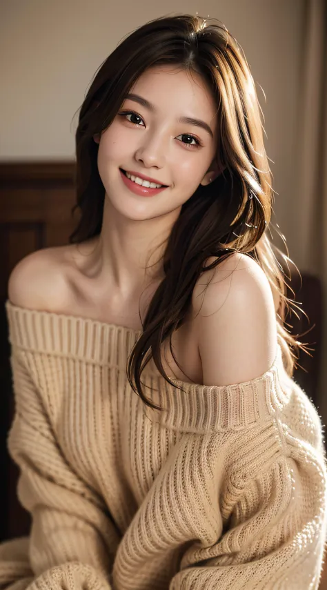 best quality, masterpiece, ultra high res, photorealistic, 1girl, offshoulder, smile, oversized_sweater, soft lighting, detailed skin,brown hair