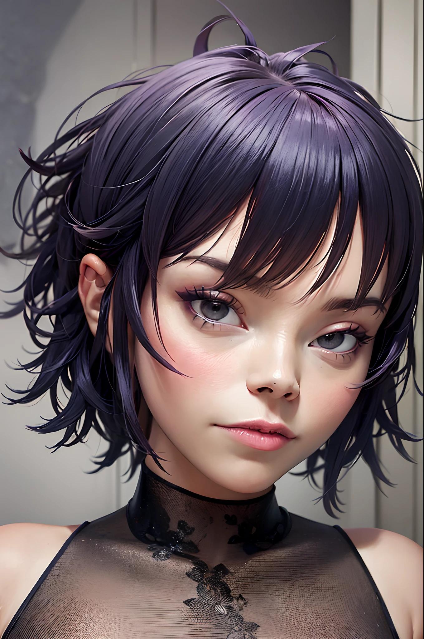 (masterpiece, best quality:1.2),  noodle (gorillaz), black hair, 1girl, short hair, streaked hair, black eyes, multicolored hair, looking at viewer,  bangs,  parted lips, breasts, small breasts,  bob cut, blush, lipstick, attractive gothic girl, aestetic body, medium tits,gothic aesthetics, dark blue, fog, haze, shadows, lighting effects, mysterious appearance, high contrast, stone cave walls in the background, detailed face, ultra detail, hyperrealism,