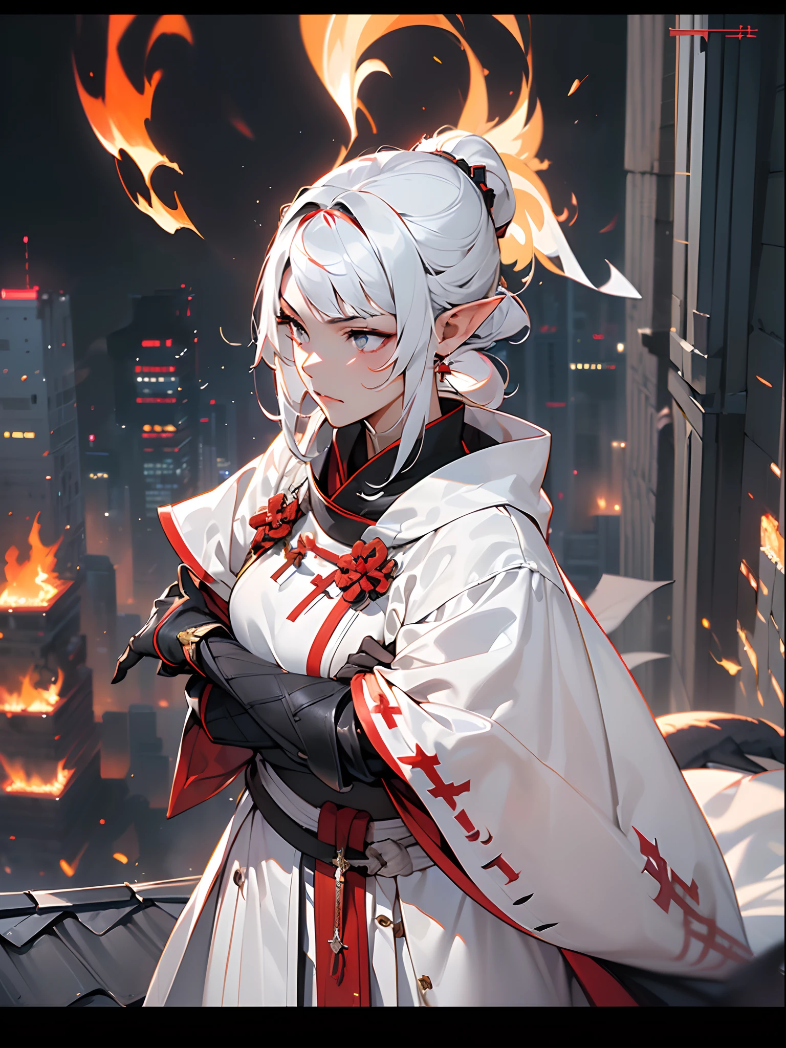 ((jpn)),((Best Quality)),((Beautifully painted)),((hight resolution)),1girl in,Beautiful Elven Daughter,((onmyouji)),((suikan)),((White cloak with red decoration)),Luminescent bushy silver-haired ponytail,Shining eyes,(((black dragon gauntlet and glove))),nice hand, Perfect hands,((((Cross your arms on the roof of a skyscraper and look down on the burning city)))),((Flying flames)),armor,(face forcus),(((motion blur))),(((dynamic angle))),((cinematic lighting)),((side view))