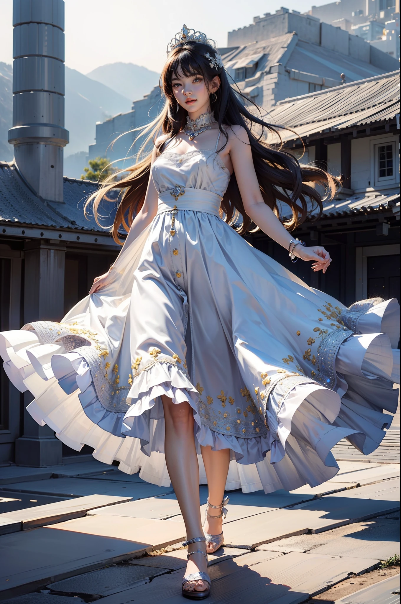 ((top-quality、​masterpiece、photographrealistic:1.4、8K))、1 beautiful detailed girl、extremely detailed eye and face、beatiful detailed eyes、（Lots of floral dresses、Princess）、Luxury accessories、Elegant smile、natta、（Flowery hills and mountains in the background）、Cinematic lighting、Textured skin、Super Detail、high detailing、High quality、hight resolution、（looking at the viewers）、full body Esbian、europian