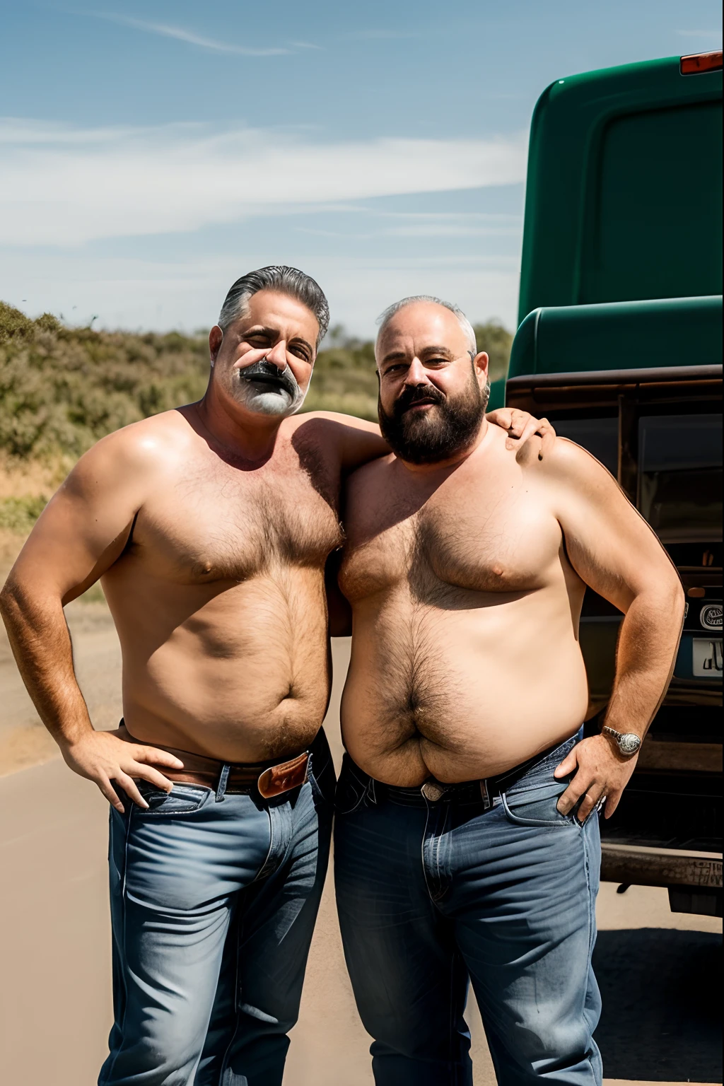 Two men standing next to each other in front of a truck - SeaArt AI