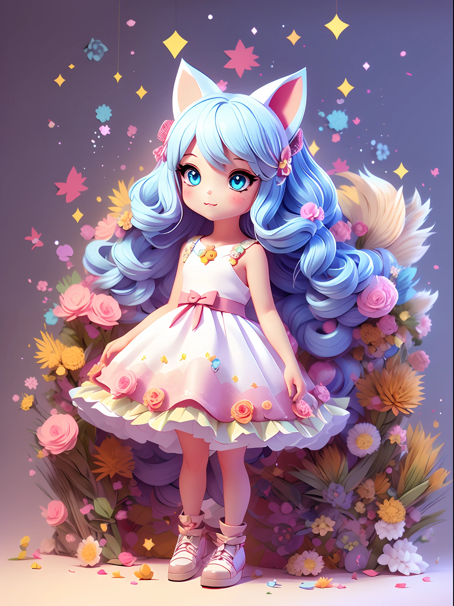 1girl, animal ears, tail, chibi, white hair, cat ears, solo, cat tail, long hair, hair ornament, cat girl, virtual youtuber, dress, blue eyes, ahoge, bow, white background, animal ear fluff, hairclip, holding