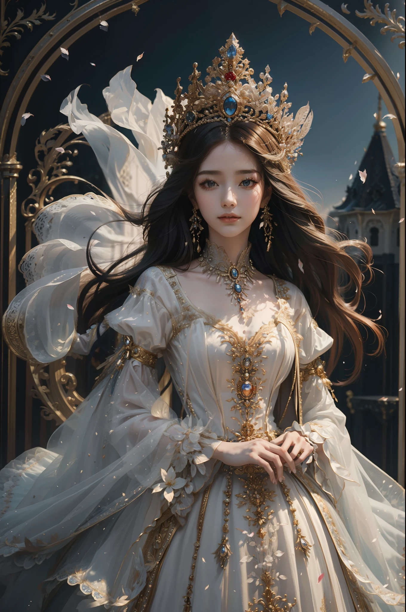 ((top-quality、​masterpiece、photographrealistic:1.4、8K))、1 beautiful detailed girl、silber hair、extremely detailed eye and face、beatiful detailed eyes、（Complex luxury red dress in medieval European style、Luxurious brimmed hat in medieval European style）、Luxury accessories、Elegant smile、natta（Depict a scene of a princess standing on the balcony of a castle。Hair swaying in the wind and a dress complement her noble vibe。）、Cinematic lighting、Textured skin、Super Detail、high detailing、High quality、hight resolution、（looking at the viewers）、Petals flutter