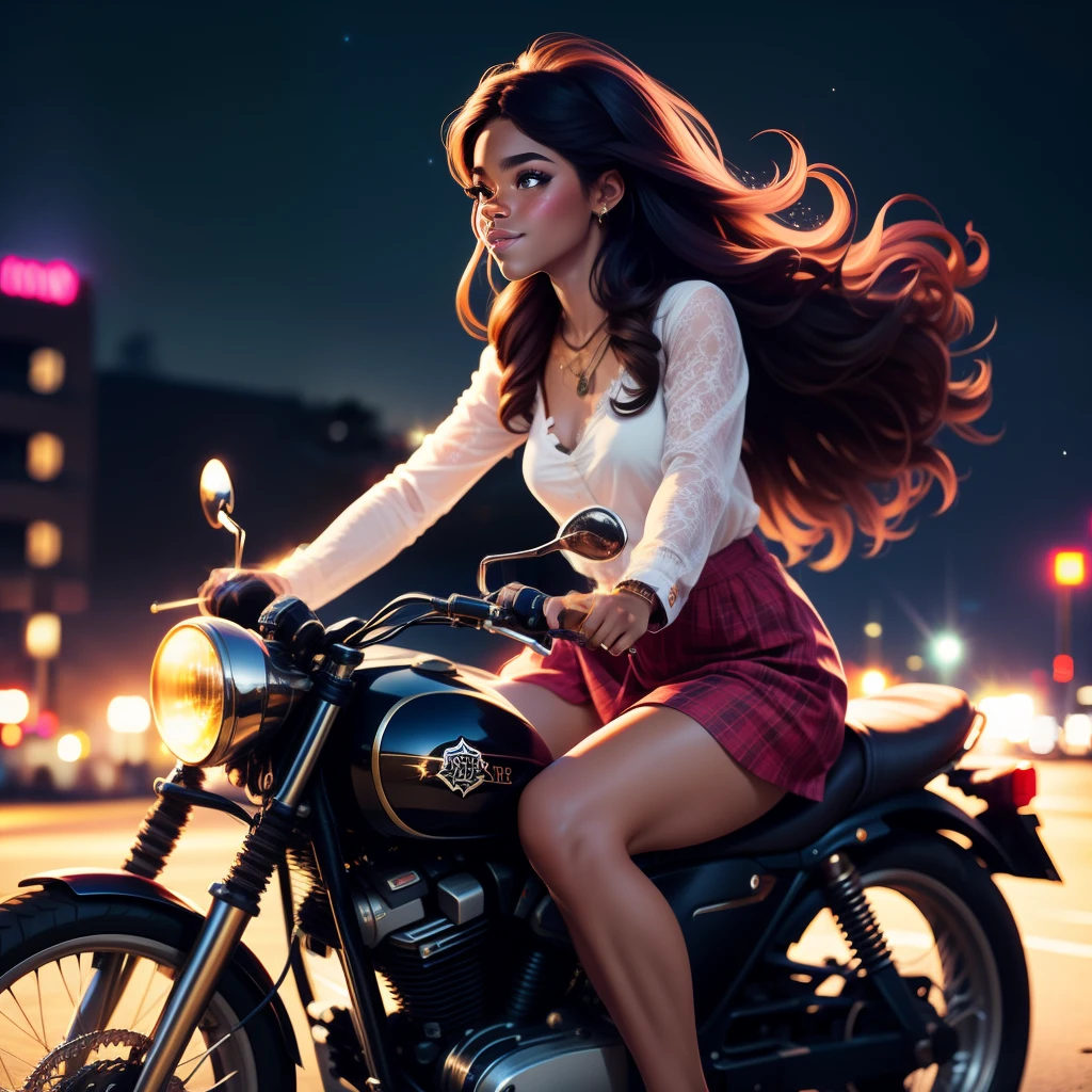 漂亮的棕色皮膚女孩, 嬉皮士衣服, 騎摩托車, 長髮, 史詩圖片, 高品質圖片, 閃閃發光的圖片, 在城市夜視中, 閃閃發光的星星