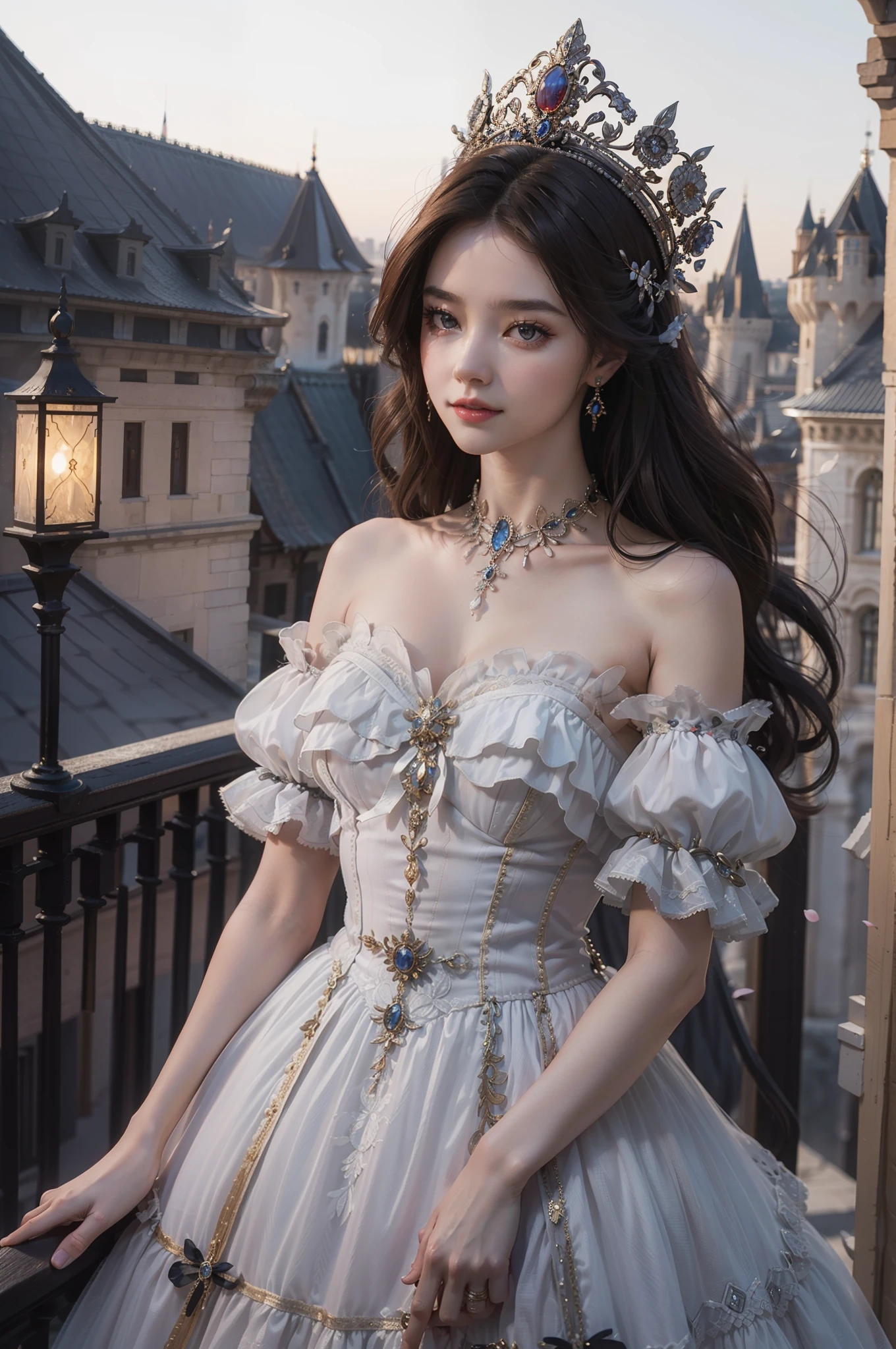 ((top-quality、​masterpiece、photographrealistic:1.4、8K))、1 beautiful detailed girl、silber hair、extremely detailed eye and face、beatiful detailed eyes、（Complex luxury red dress in medieval European style、Luxurious brimmed hat in medieval European style）、Luxury accessories、Elegant smile、natta（Depict a scene of a princess standing on the balcony of a castle。Hair swaying in the wind and a dress complement her noble vibe。）、Cinematic lighting、Textured skin、Super Detail、high detailing、High quality、hight resolution、（looking at the viewers）、Petals flutter