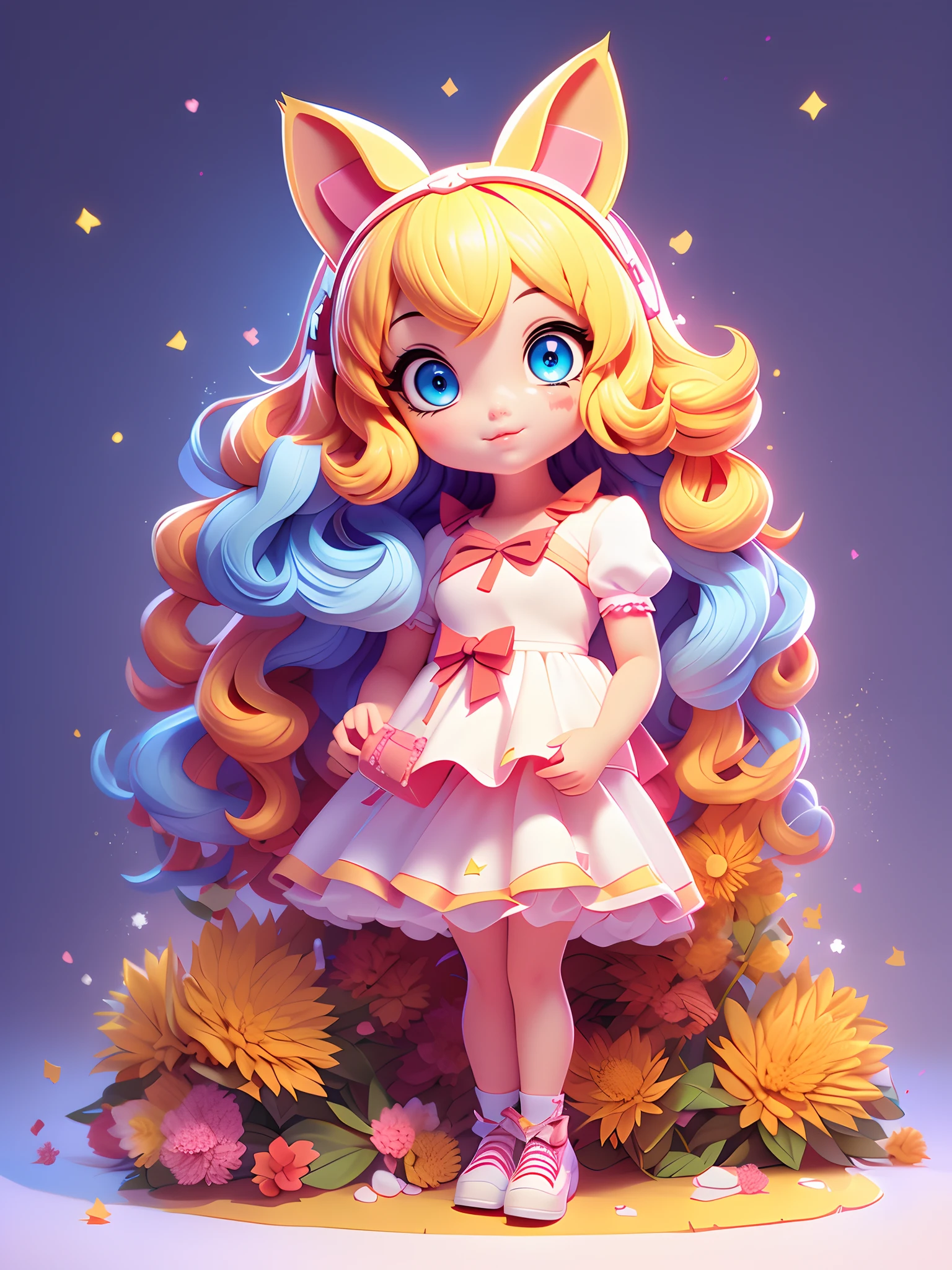 1girl, animal ears, tail, chibi, blonde hair, cat ears, solo, cat tail, long hair, hair ornament, cat girl, virtual youtuber, dress, blue eyes, ahoge, bow, white background, animal ear fluff, hairclip, holding