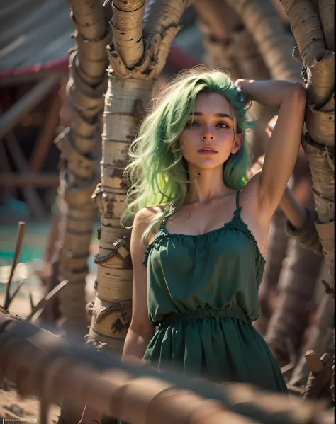 realistic photo, a realistic photo of 18yo girl in a sundress, green hair, beach, (1girl), (extremely detailed CG unity 8k wallp...