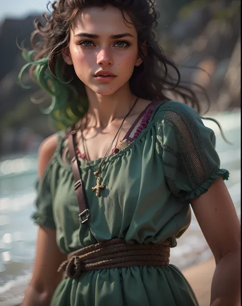 realistic photo, a realistic photo of 18yo girl in a sundress, green hair, beach, (1girl), (extremely detailed cg unity 8k wallp...