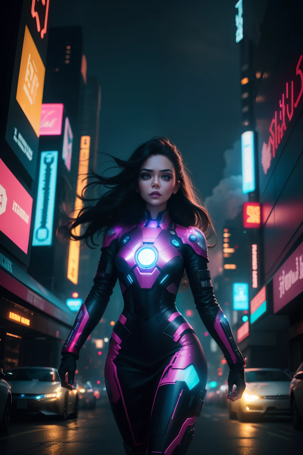 A girl who resembles Gulinaza strolls through the neon-lit streets，With a long gun in his hand，Wearing an Iron Man's red armor，The cyberpunk world embraced her, Her presence is a charming blend of grace and rebellion. Bright colors depict the cityscape, Towering holographic advertisements and futuristic architecture dominate the skyline. The air is filled with a fusion of technology and gravel。, It creates an atmosphere full of energy. Keywords: Cyberpunk, Futuristic, vibrant, rebellion, Elegance. Camera type: Handheld. Camera lens type: Wide-angle. time of day: midnight. Photo style: High contrast. Film type: infrared. In the middle of the night, Her figure emerged from the shadows, Bask in the ethereal glow of neon lights. city steaming with life, Reflecting her confident pace as she becomes one with the urban symphony. Twinkling lights painted enchanting patterns on her face, There was a hint of determination and curiosity in her eyes. The wide-angle lens captures the expansive cityscape, showcasing the towering skyscrapers，Decorated with holographic projections，Dance among the stars. Its vibrant hues create a feast for the eyes，Seduce the senses, Kaleidoscopic array of colors on dark canvas in night sky. The high-contrast photography accentuates the contrasting elements of the scene – the smooth lines of futuristic vehicles speeding by, Juxtaposed with the decaying facades of the old building. This is the collision of the past and the future, Create a unique visual tension，The perfect embodiment of the essence of the cyberpunk world. When infrared film breathes life into an image, A surreal aura looms over the scene. The cityscape becomes a dreamscape, Where reality and fantasy are blurred. Invisible energy swirled around her, Evoke magic and mystery，Waiting to unravel in this cybernetic metropolis. In this snapshot of the cyberpunk world, Observers can't help but be captivated by the amazing juxtaposition, Energy energy, and a potential sense of rebellion