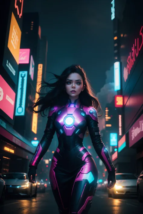 A girl who resembles Gulinaza strolls through the neon-lit streets，With a long gun in his hand，Wearing an Iron Man's red armor，T...