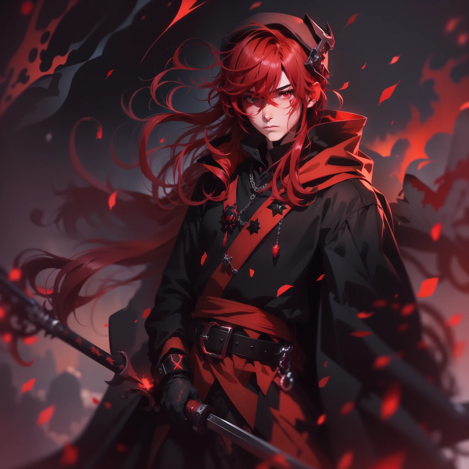 An anime boy，Long blood-red hair scattered，With black and red mask，With a black hat，The eyes glow with red flames，Wear a black robe，Wear metal gloves，With a blood-red sword，wears black shoes