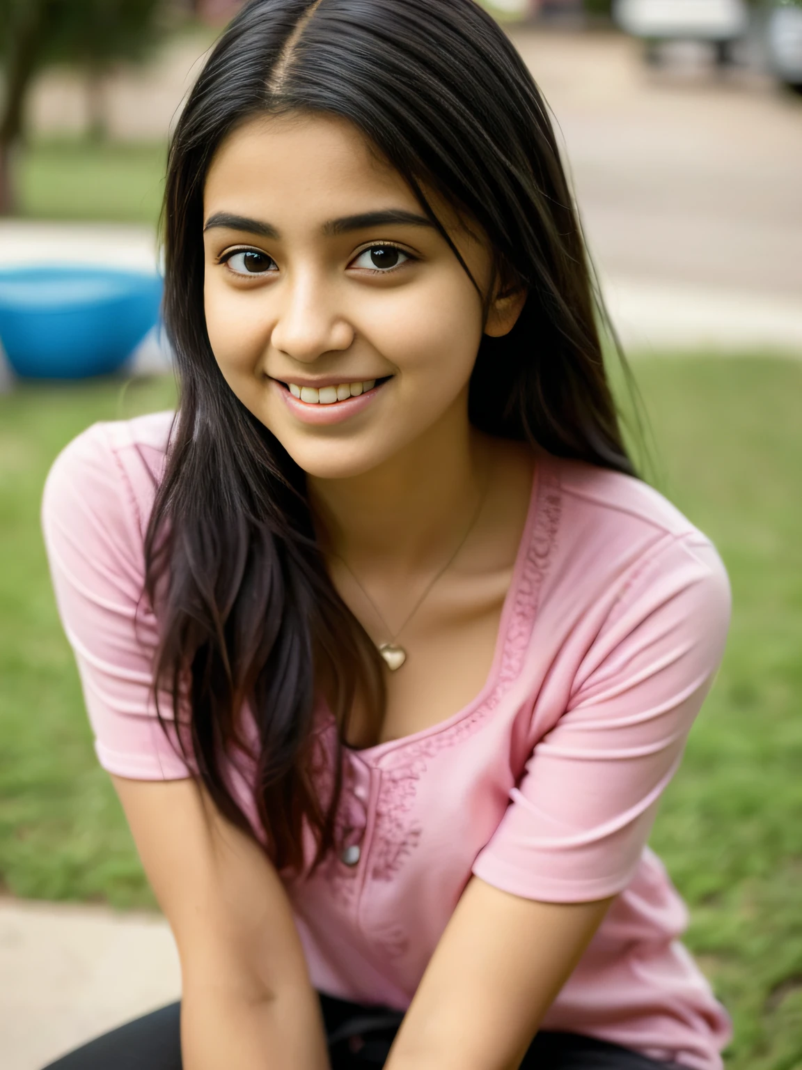 Arafed young girl sitting on a bench in a park - SeaArt AI