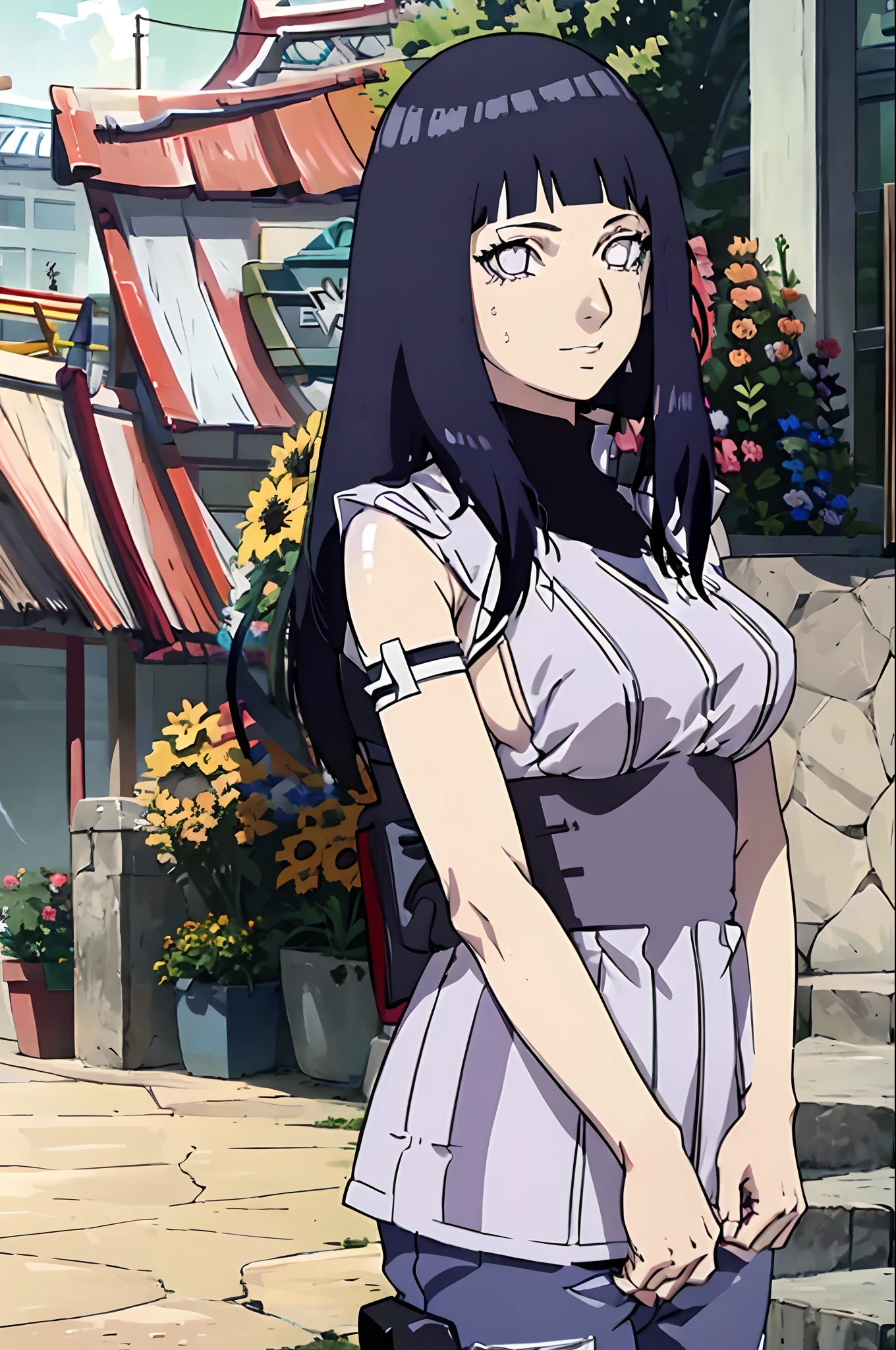 Anime girl with long black hair and glasses standing in front of a building  - SeaArt AI