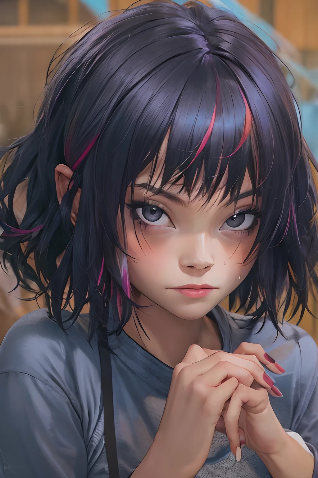 (masterpiece, best quality:1.2),  noodle (gorillaz), black hair, 1girl, short hair, streaked hair, black eyes, multicolored hair, looking at viewer,  bangs, solo, high quality fingers, normal hands, detailed fingers,masterpiece, (realistic, photo-realistic:1.37), (22 years old woman), medium breast, small waist, beautiful face, perfect illumination, beautiful detailed eyes,looking at viewer, stunningly beautiful woman, detailed hairstyle, detailed background,shorts, detailed fantasy background, (sweat:1)