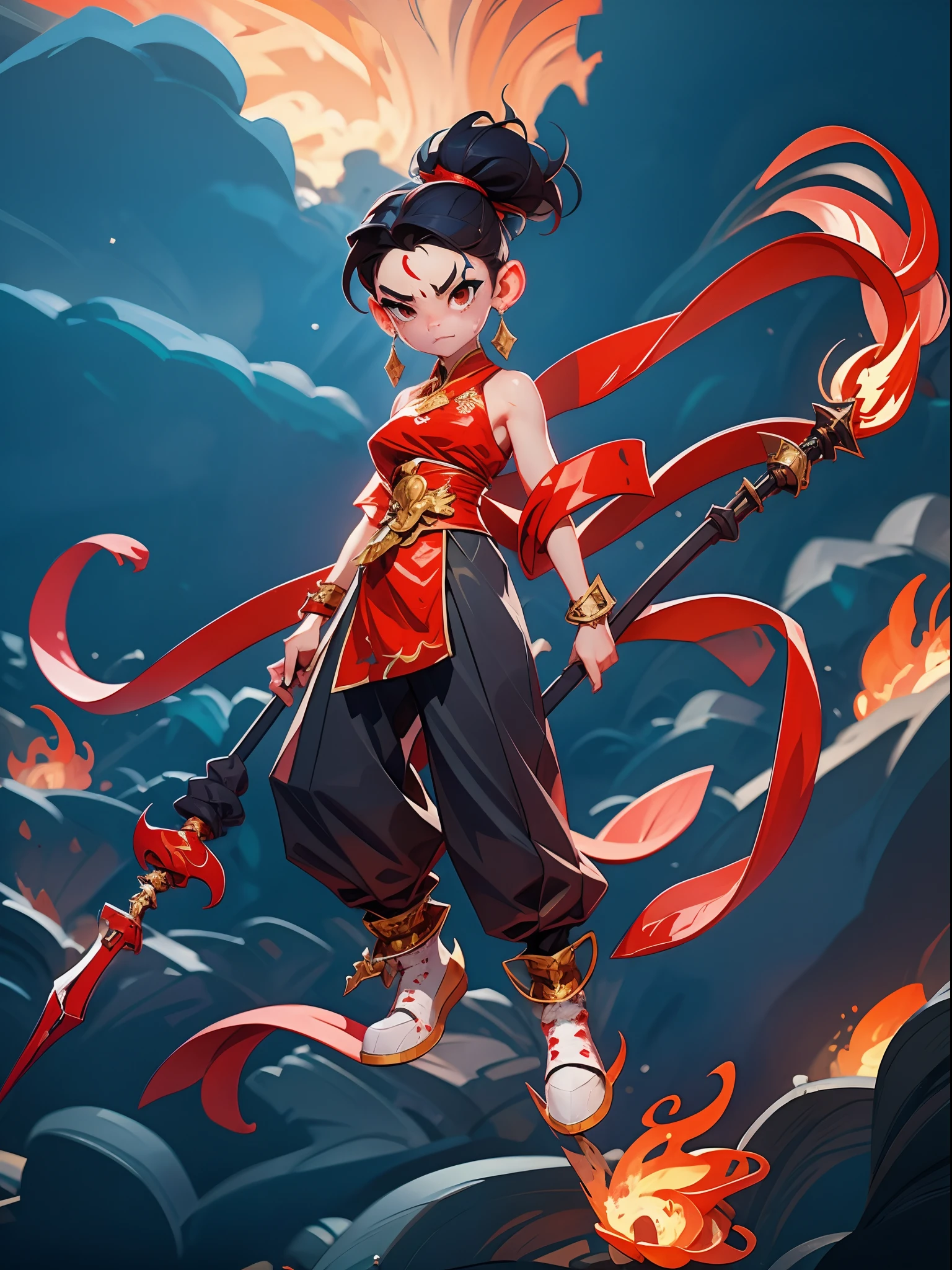 1girl, blood on face, angry, holding spear, (flying), chinese mythology,cloudy, detailed sky, abstract background, (flame_surge_style:0.5)