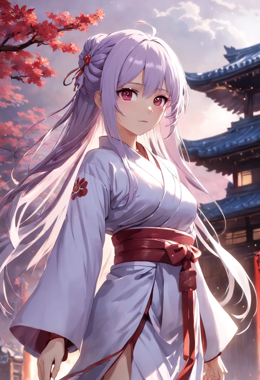 Raiden General Fine clothes White clothes Blunt bangs Braided (mid-chest: 1.4) cleavage Wide sleeve kimono Hair accessories Day clothes (red belt: 1.4) (light purple hair: 1.4) Very long hair, straight hair, delicate face, cold face, (smooth chin: 0.85), looking at the audience, beautiful eyes, detailed eyes, skirt, (sunset: 1.4), from the side, (cherry tree: 1.5), photon mapping, physically based rendering, RAW photos, highly detailed background, (Real photo: 1.35), high resolution, perspective, front,