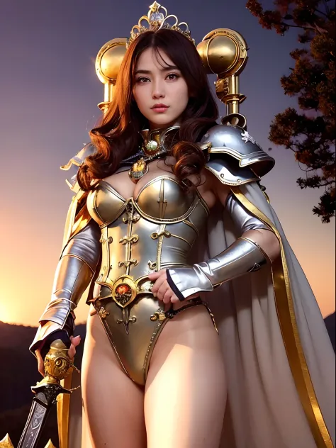 Professional , ​masterpiece、top-quality、photos realistic , depth of fields （Gemstone Silver Metal Body:1.９),(Matte Silver、Jewel Gold Weapon、（Gorgeous castle background）、Holding the Sword of Heroes、（Jewel White Metal Body:1.４),（（Gorgeous Jewel Metal Weapons...