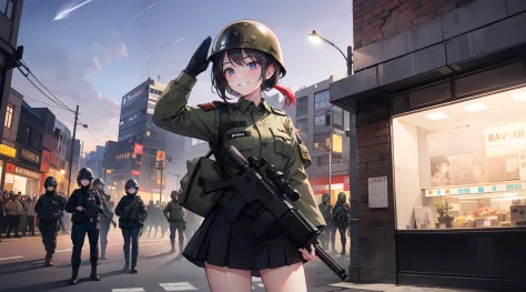A girl in military uniform，Rifle in hand，grinning smile，Shy，Warm street lights，down town，Superskirt，Saluting，Wear a steel helmet，The steel helmet has a solid red five-pointed star，Long legs are exposed，Shooting stars dart across the sky，Behind him, riot SW...