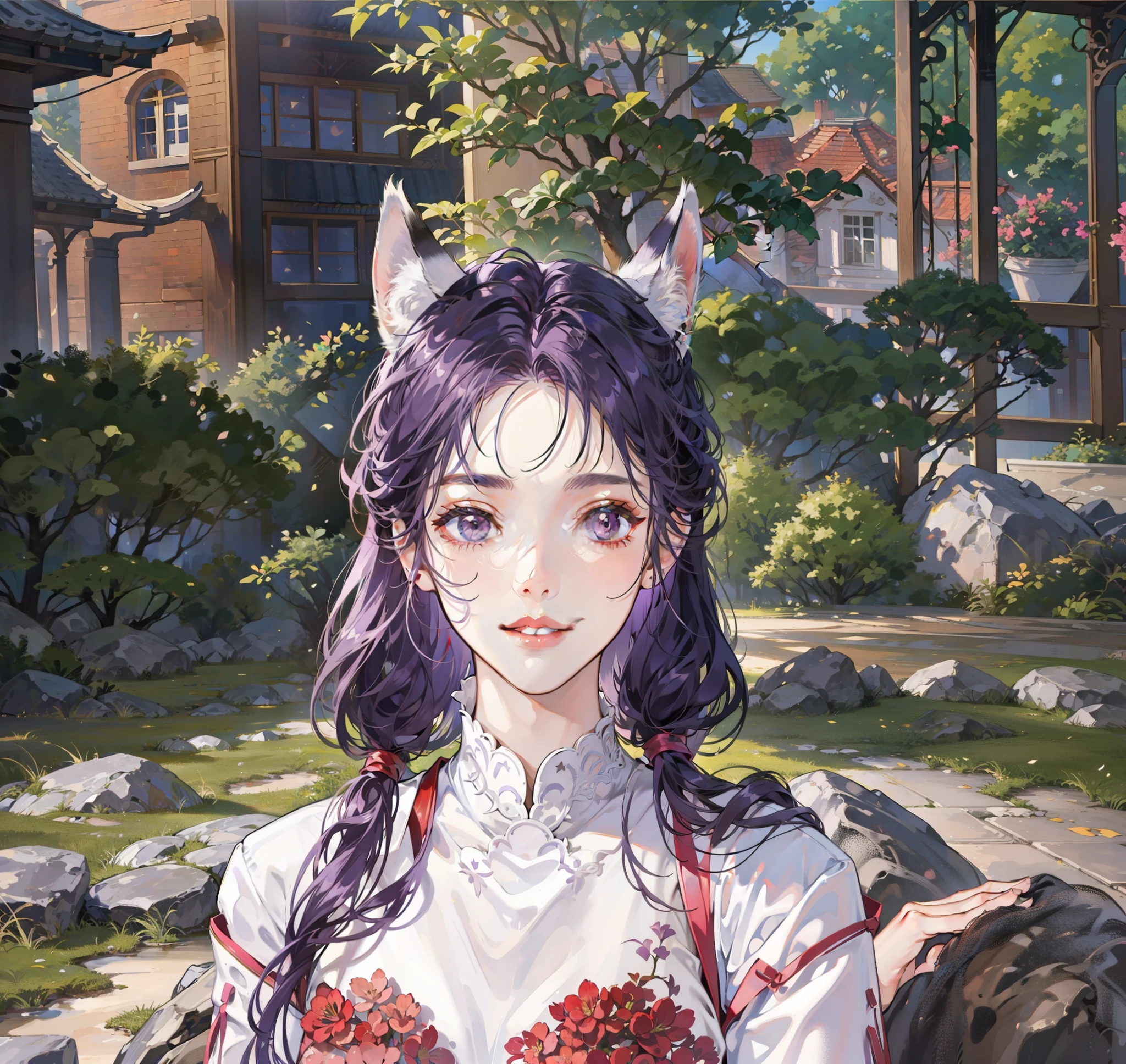 Anime girl with purple hair and purple ears in a garden - SeaArt AI