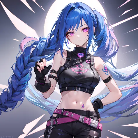 Solo,(Best quality:1.2,Masterpiece:1.2,Ultra detailed,hires),
Jinx (League of Legends),(Best quality:1.2,Masterpiece:1.2,Ultra detailed,hires),1girll,Upper body,Small breasts,
Blue hair,Long hair,Double up braid,Very long hair,bangs,Arm tattoos,stomach tat...