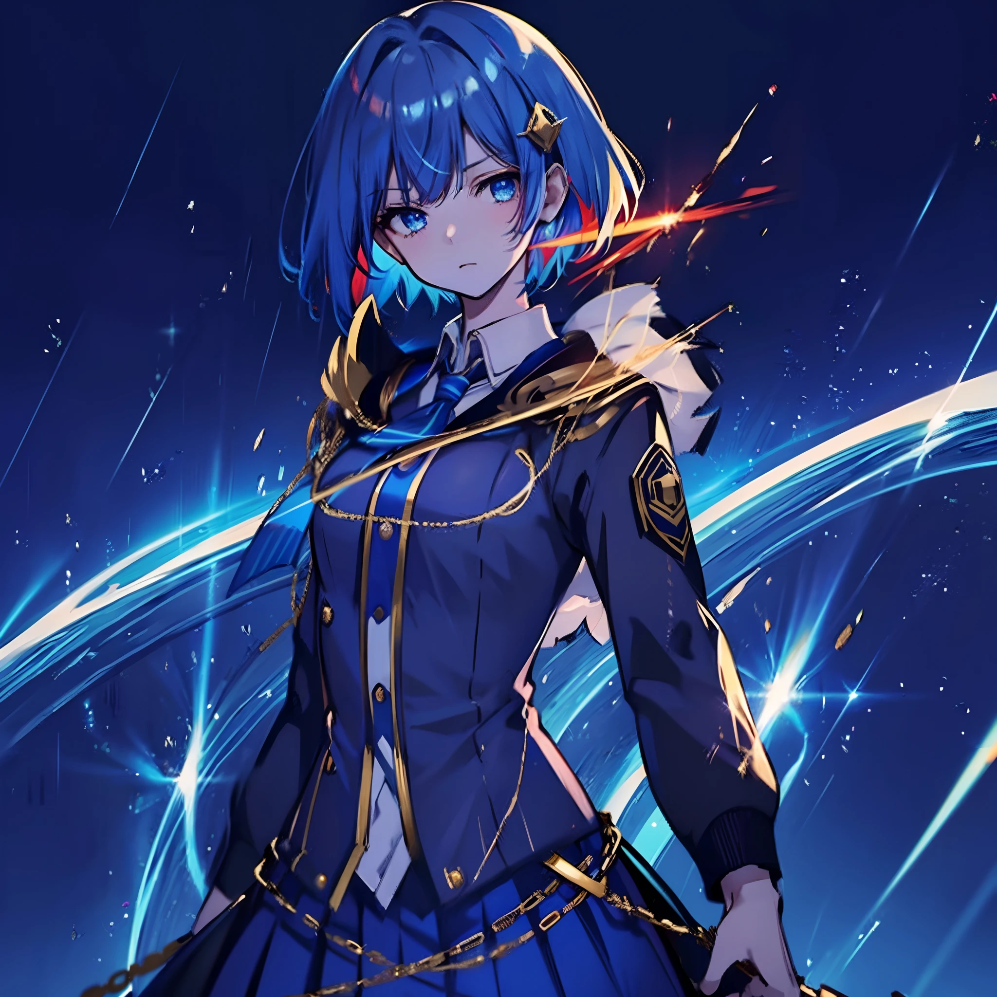 1 girl, solo, young girl, teenager, narrow head, short azure hair, blue eyes glowing red, angered expression, gold hair ornament, white and blue school uniform, long skirt, pointing tip of gun at viewer, zoomed out, very dim lighting, rainy night, dark picture